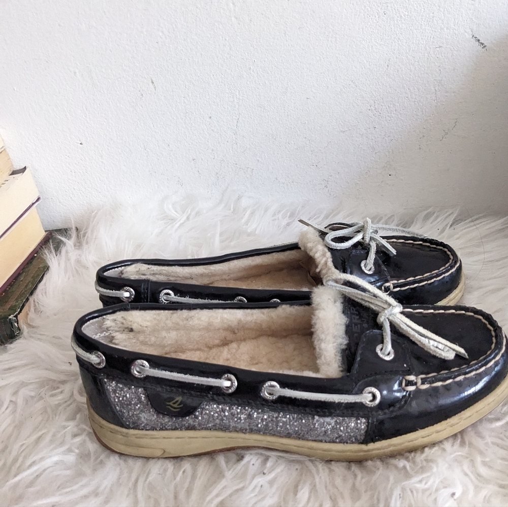 SPERRY Fur Sherpa Glitter Patent Leather Loafers Boat Shoes Moccasin 7 Angelfish